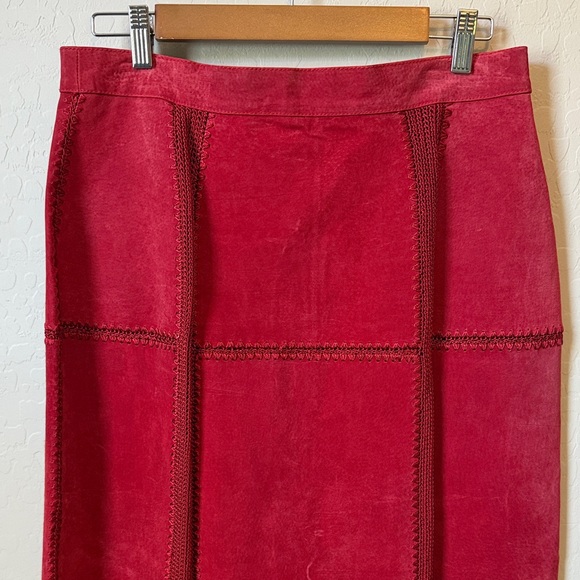 Vintage Genuine Suede Leather Patchwork Red Maxi Skirt - Picture 2 of 5